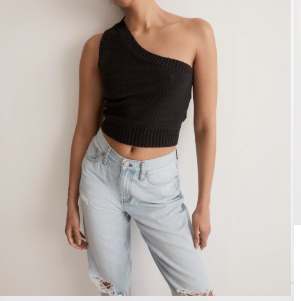 Madewell Textural-Knit One-Shoulder Sweater Tank in True Black